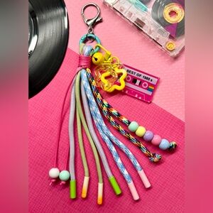 New Pink Cassette Tape Retro 80s Style Beaded Purse Bag Charm Keychain - 9”